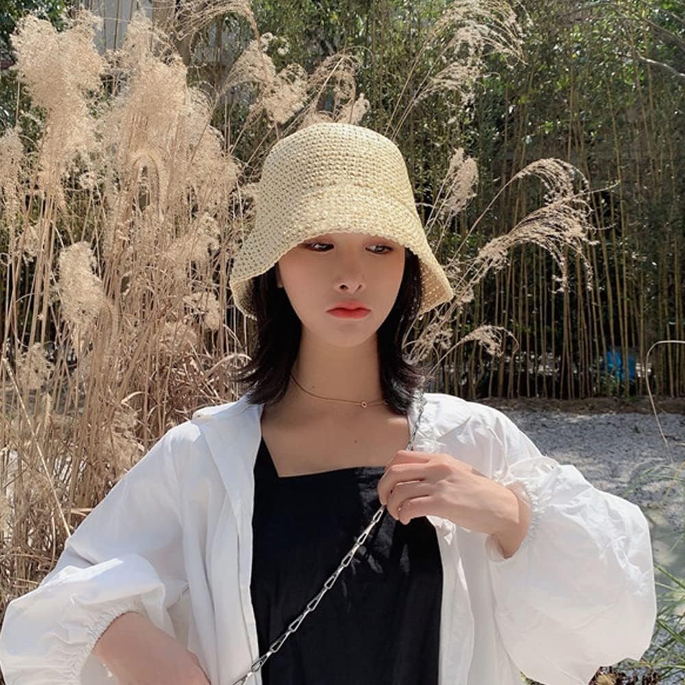 Women's Summer UV-Protect Crochet Straw Bucket Hat Fashionable Breathable Sunshade Cap with Foldable Visors for Beach Outdoor
