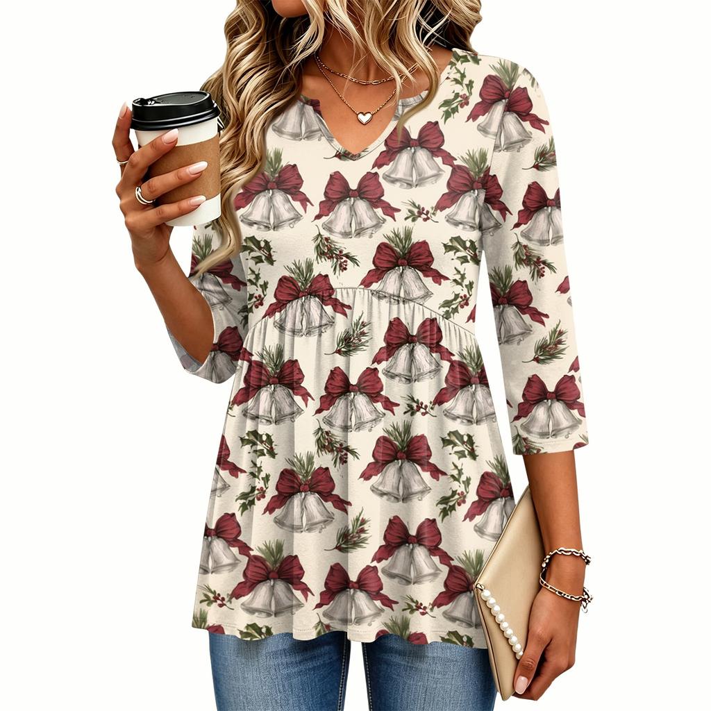 Women's Casual Christmas Print V-Neck Three-Quarter Sleeve Shirt