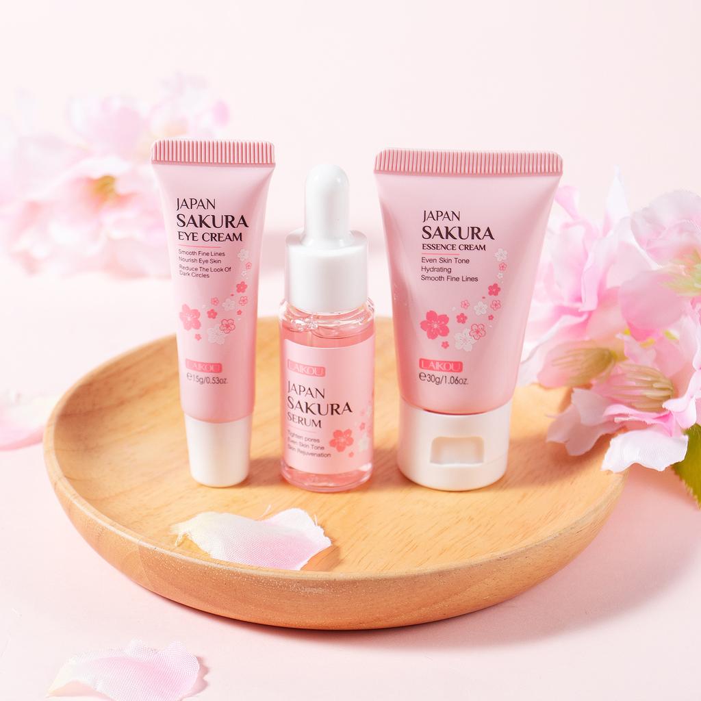 LAIKOU Sakura Blossom Hautpflege-Geschenkbox, leichte feuchtigkeitsspendende Anti-Aging-Creme, Augencreme, Gesichtscreme, 3-teiliges Set