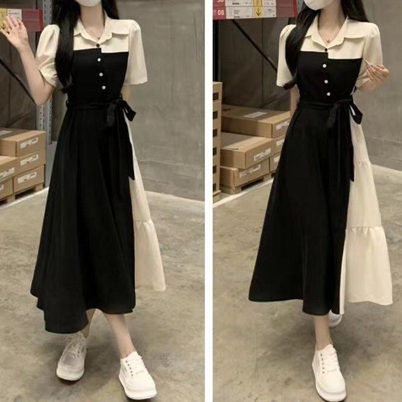 Large size contrasting color splicing fake two-piece shirt dress women's summer new waist and thin dress