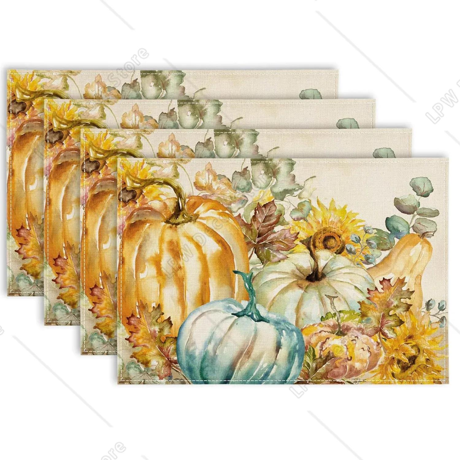 

Thanksgiving Design Placemats Linen Rectangular Table Mats Heat Resistant for Dining Kitchen Autumn Festival Atmosphere Placemat 4 PCS 12x18inch