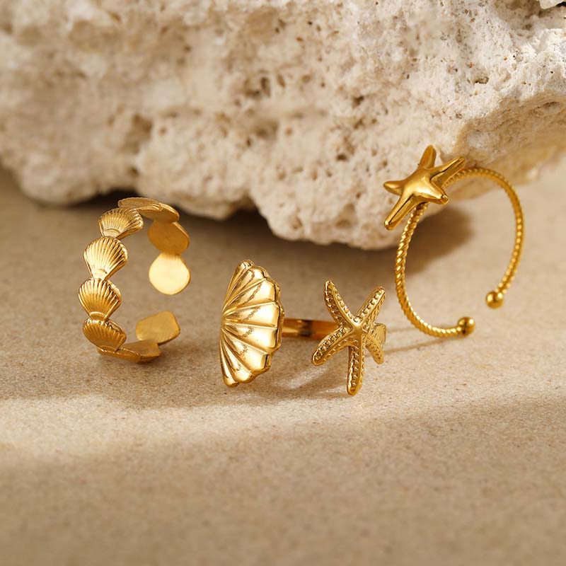 3Pcs/Set Stainless Steel Starfish Shell Rings Set For Women Vintage Gold Open Adjustable Ring Summer Beach Jewelry Gifts
