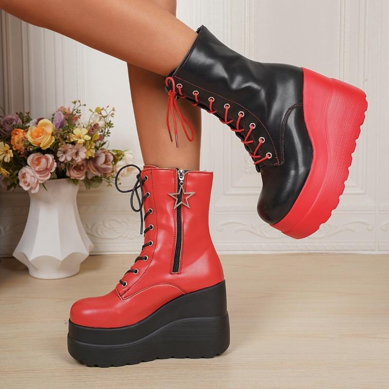 Women’s Lace-Up Platform Leather Ankle Boots Trendy Fashion Shoes