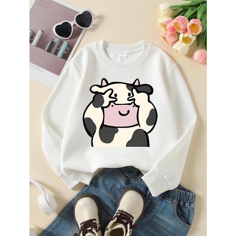 Crewneck Sweatshirt for Girls Featuring a Cow Print Design with Spots And a Smile, Machine Washable, Suitable for Spring And Autumn, Ideal for Sports