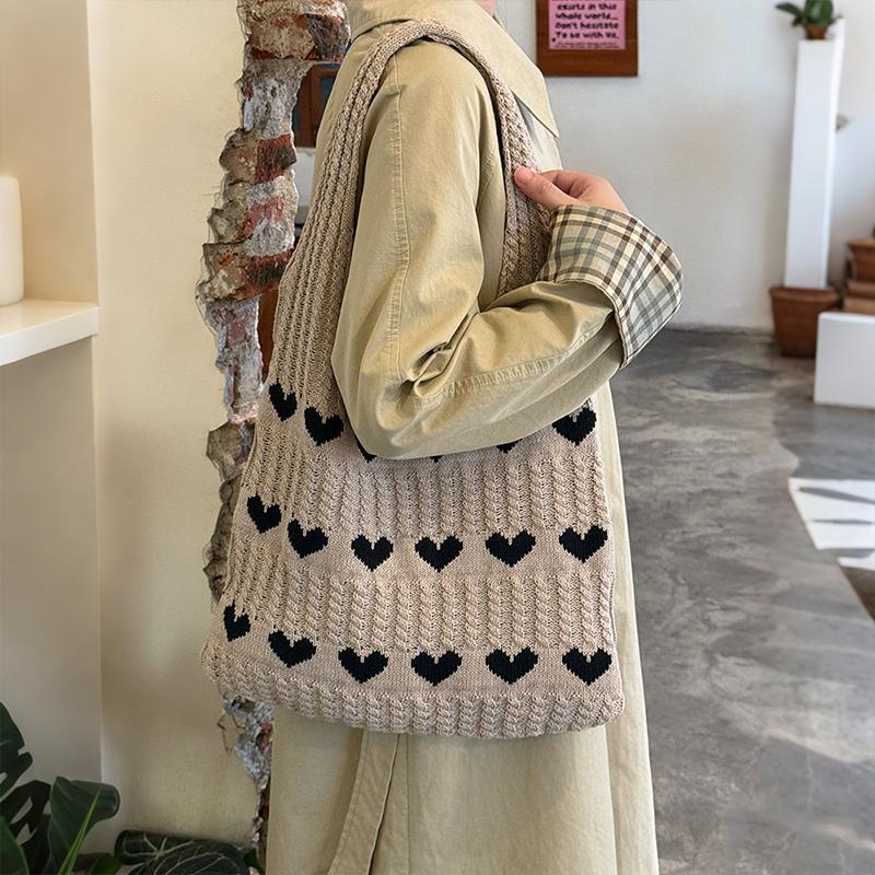 Fashi Heart Shape Pattern Knit Tote Bag Retro Women's Handbag Large Capacity Female Woven Shopper Purse Travel Bag