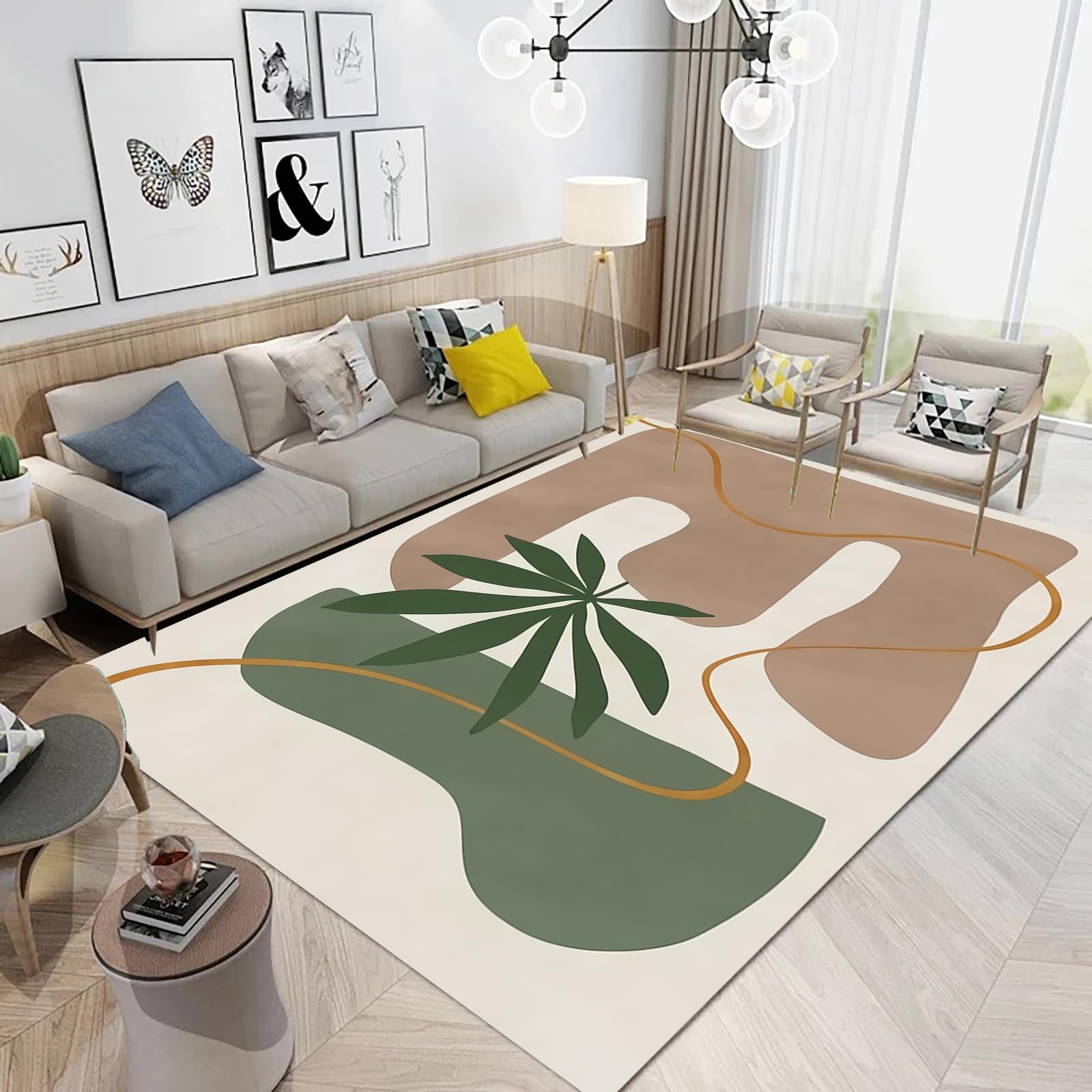 

Boho Mid Century Style Area Rug Modern Plant Leaves Carpet Non Slip Abstract Art Floor Mat for Living Room Bathroom Office Decor 40x60cm