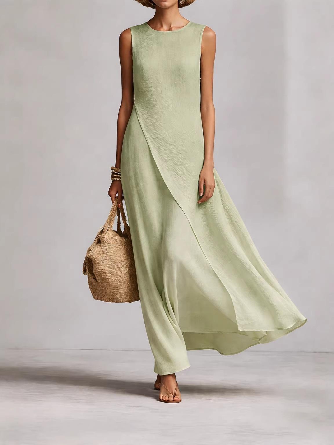 Spot 2026 new spring and summer women s dress sleeveless asymmetrical hem cotton and linen blend dress XS
