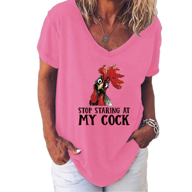 Fashion Spring  Rooster Print Blouses Short Sleeved V-Neck T Shirts Casual