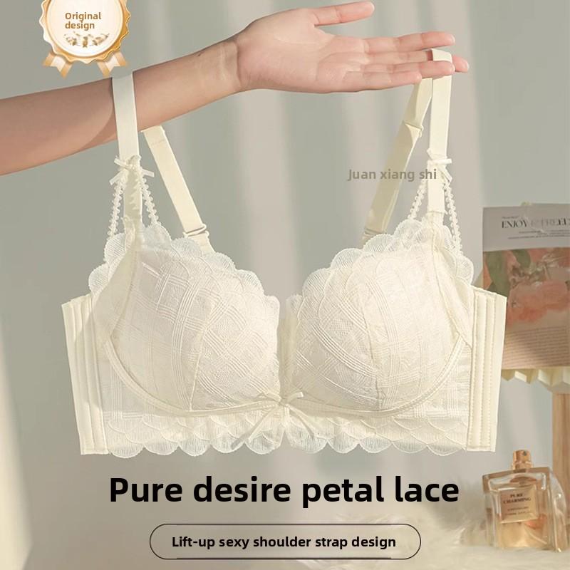 Coquette Lace Petal Soft Support Wireless Bra, Push Up Anti-Sag Side Gathering Small Bust Women Bra