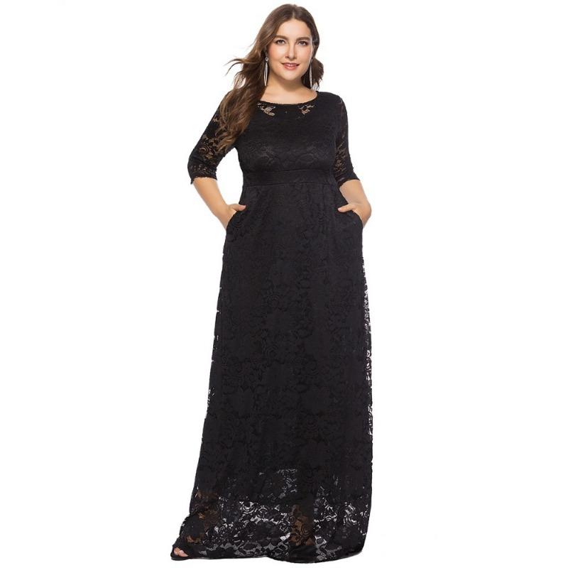 

Модное вечернее платье больших размеров с кружевными карманами и короткими рукавами XL чёрный