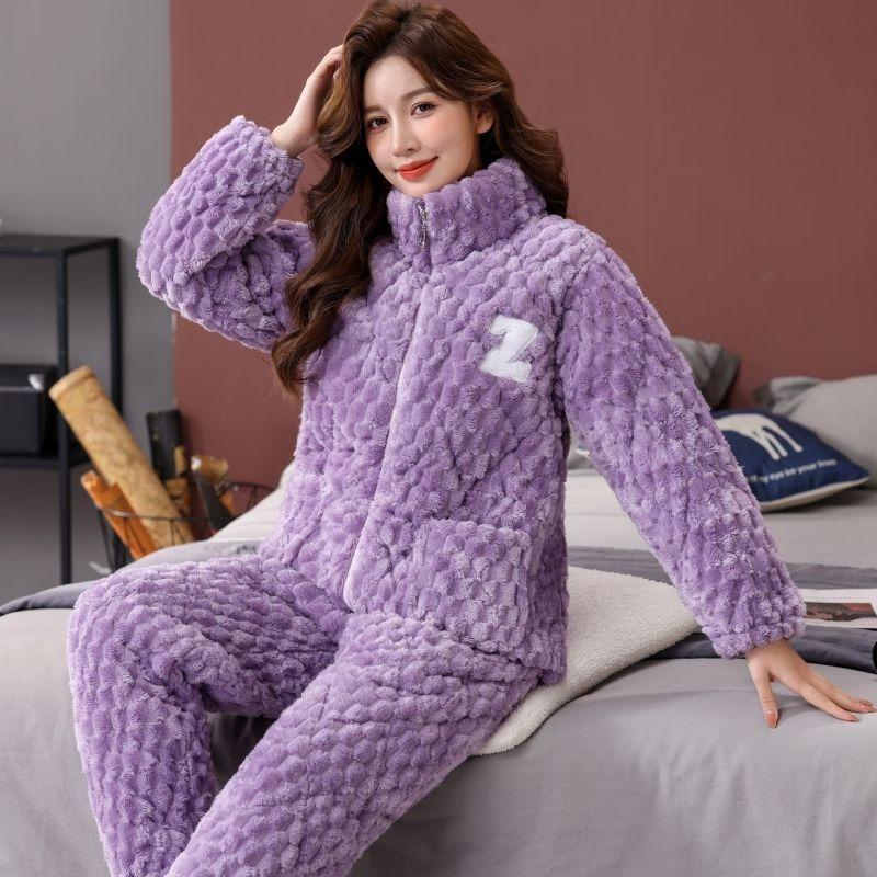 Pajamas women's winter three-layer thickened models fleece coral fleece warm padded cotton autumn and winter women's loungewear