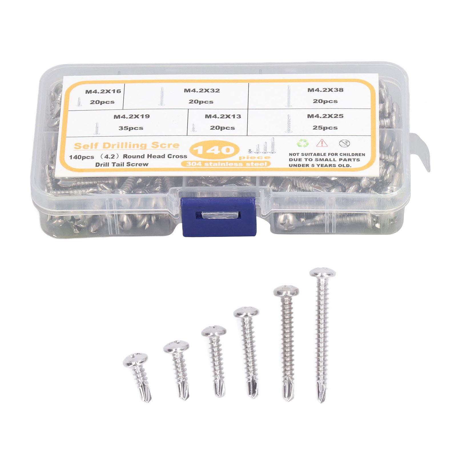 

140PCS M4.2 Round Head Cross Screw Assortment Deep Thread 410 Stainless Steel Self Drilling Screws