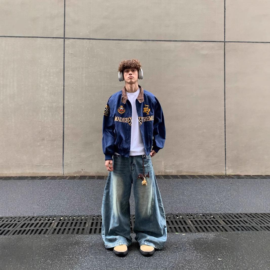 

Unisex Retro Embroidered Harrington Jacket: High-End Autumn Streetwear XXL синій