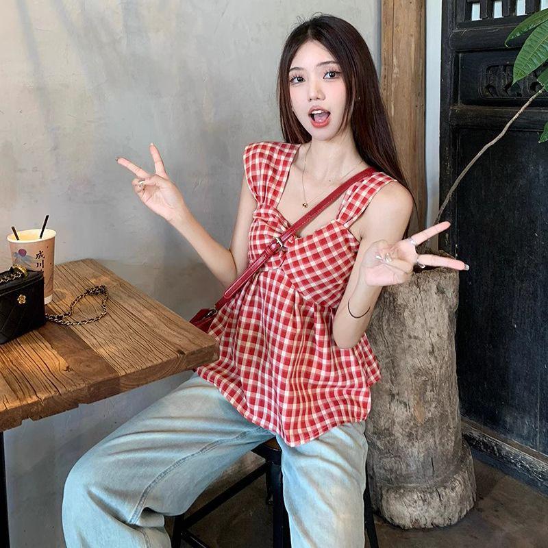 Summer 2026 Red Plaid Flutter Sleeve Square Neck Slimming Blouse for Women