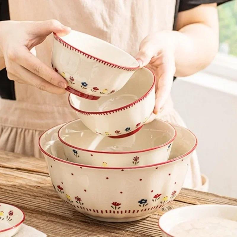 SOLECASA Ceramic Tableware Pastoral Style Rice Soup Bowl Fruit Salad Bowl Dish Pasta Dessert Plate Dinnerware Table Decoration