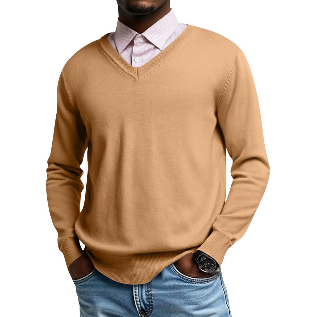 Męski dzianinowy top z dekoltem V i długim rękawem, codzienna wygoda, bluzka z długim rękawem