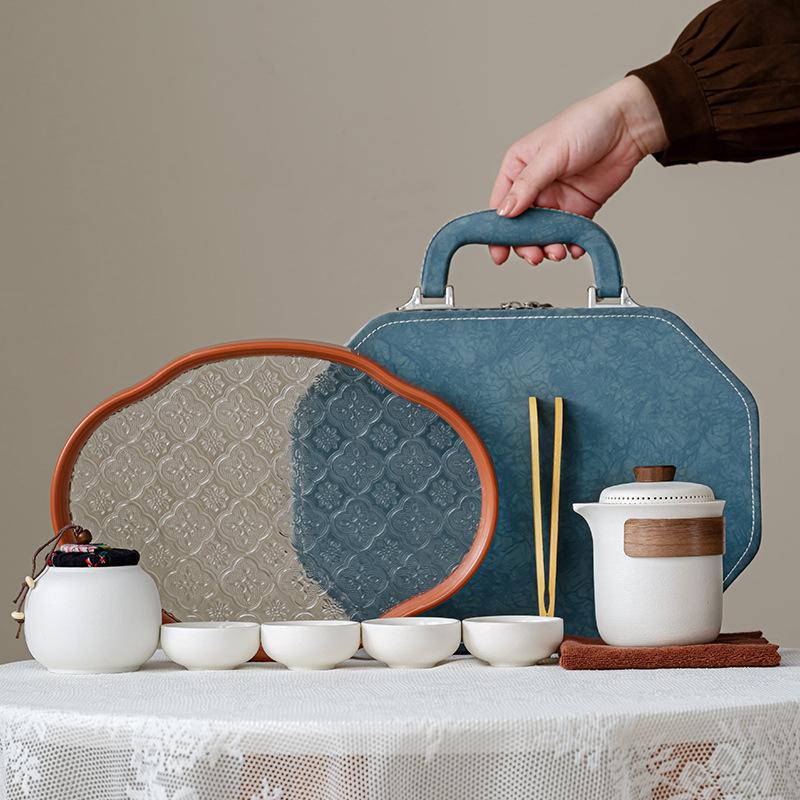 Coarse pottery travel Chinese-style simple Lingxue tea set, household simple outdoor portable souvenir tea