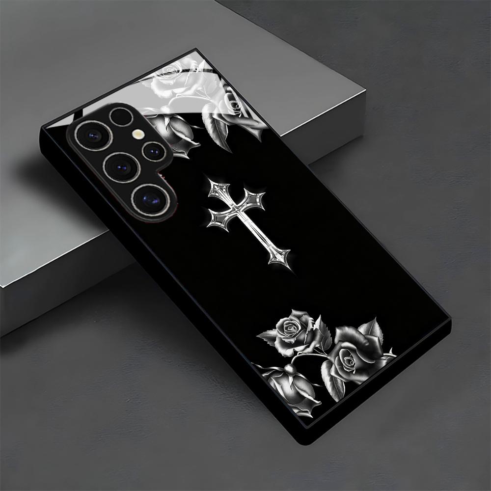 Tempered Glass Phone Case For SamsungGalaxy S26 S21 S22 S23 S24 S25 FE Ultra Plus Fall protective cover Black Rose & Cross