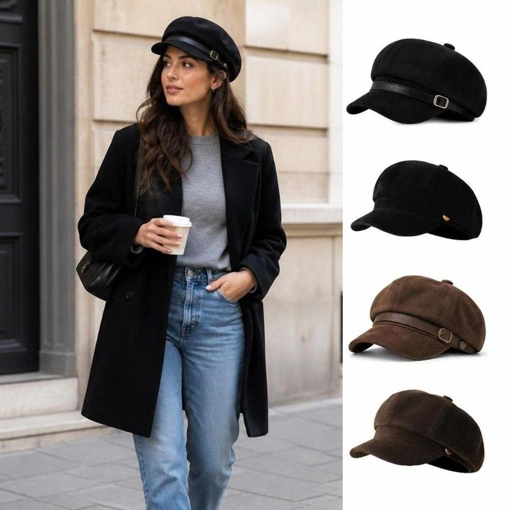 Leather Belt Decor Baker Boy Cap British Style Octagonal Beret Hat Retro Newsboy Cap  Autumn Winter