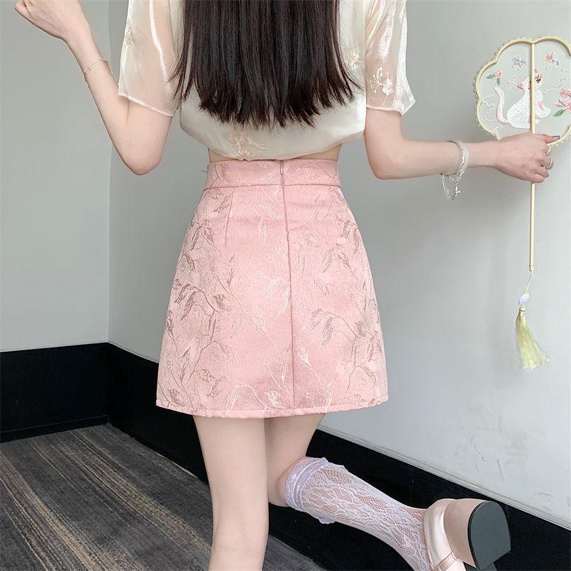 Slit Bodycon Mini Skirt Women's Summer Neo-Chinese Jacquard Frog Button Midi Skirt Anti-Sheer High Waist Slimming A-Line