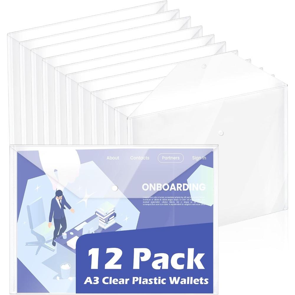 12 Pack A3 Clear Plastic Wallet A3 Snap Button Wallets Folder Plastic Wallets Folder File Organizer for Office, School, Home