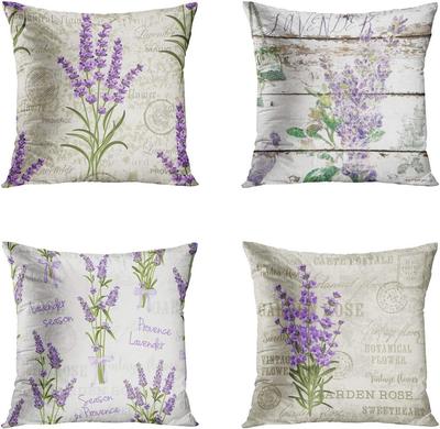 Funda de almohada de lino con flores de lavanda, funda de almohada decorativa para bodas, funda para almohada de casa 45X45(Un Lado)