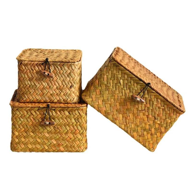 Rectangular Storage Box Hand Woven Storage Basket Rattan Woven Wicker Basket Desktop Storage Hand Woven Storage Basket