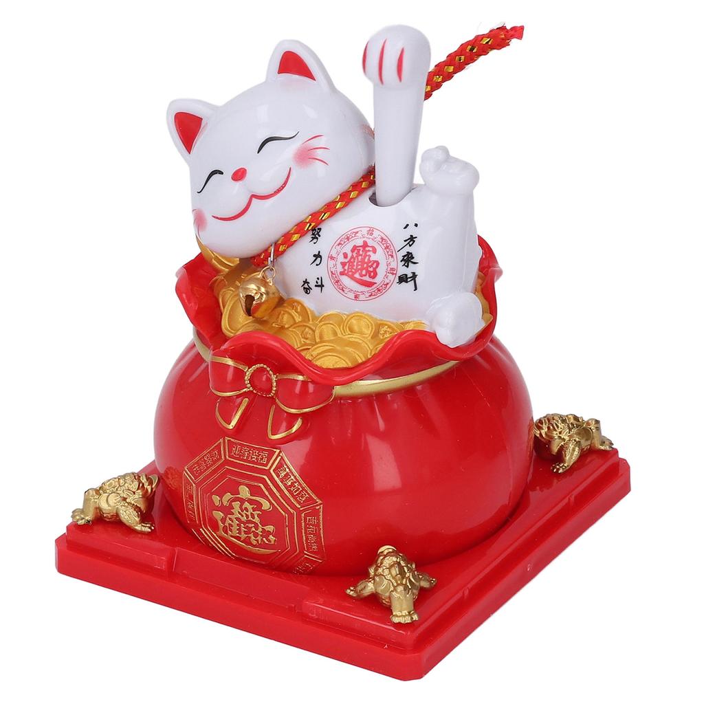 Lucky Cat Statue Solar Light Sensing Automatic Waving Arm Fortune Bag Cat Ornament for Home Car
