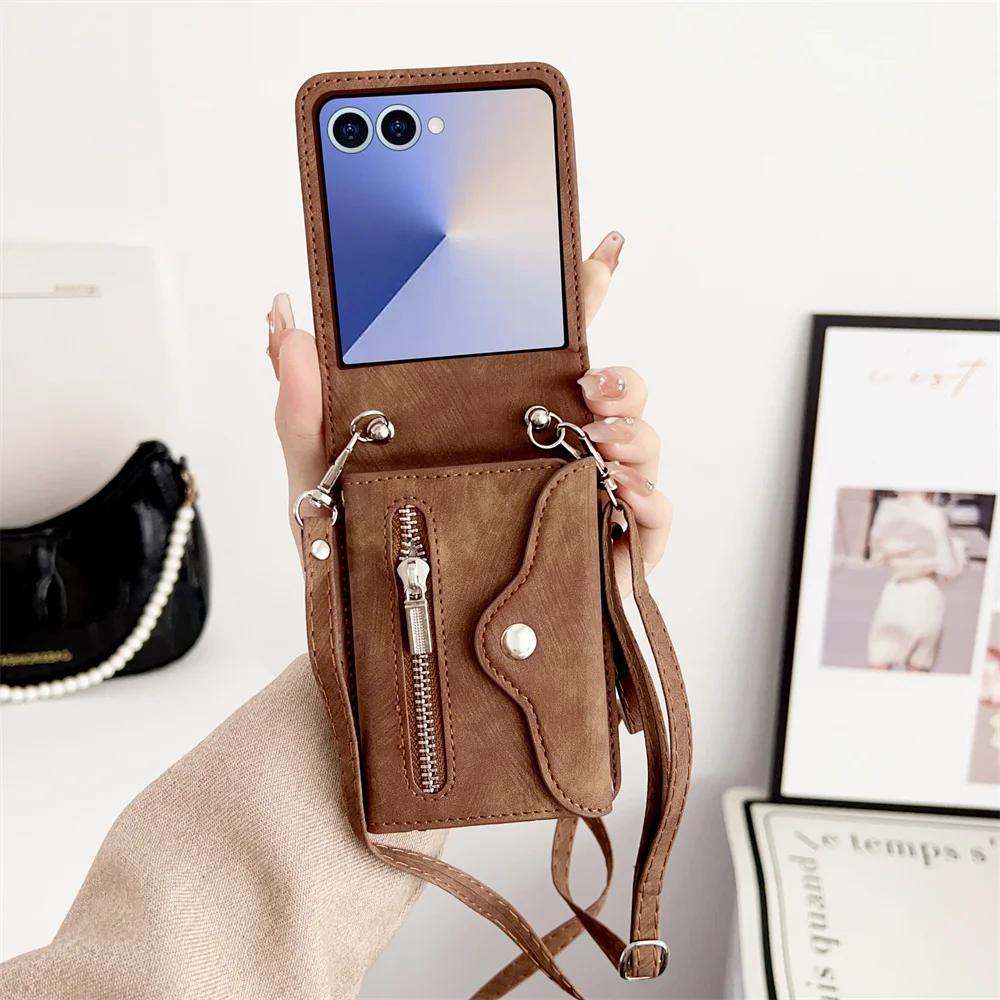 Leather Crossbody Zipper Wallet Phone Case for Samsung Galaxy Z Flip Card Holder Cover for Models 7 6 5 4 3 Flip7 FE Flip6 Flip5