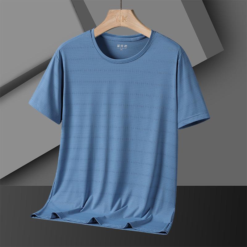 Ледяной шелк быстросохнущая спортивная футболка с круглым вырезом трикотажные изделия для спортзала рубашка для фитнеса футболка для бега мужская дышащая спортивная одежда сплошной цвет 3XL синий 1290₽