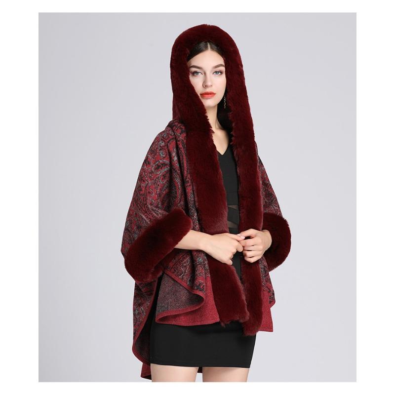 Winter Women Shawl Cape Fur Collar Jacquard Hood Plus Size Seven Point Sleeves Tweed Jacket Cardigan