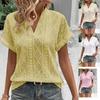 Summer V Neck Loose Women Shirt Casual Short Sleeve Hollow Jacquard Top