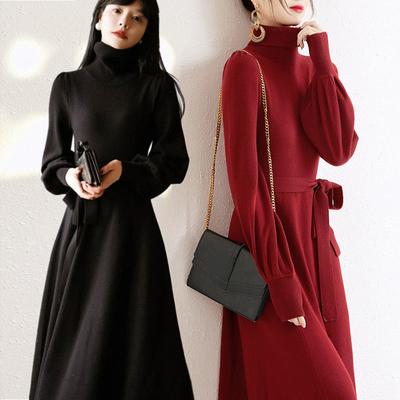 Half Turtleneck Knitted Long Dress for Autumn and Winter Women's Wear Knee-length Sweater Dress Waist-cinching Mid-length Sweater Dresspullover