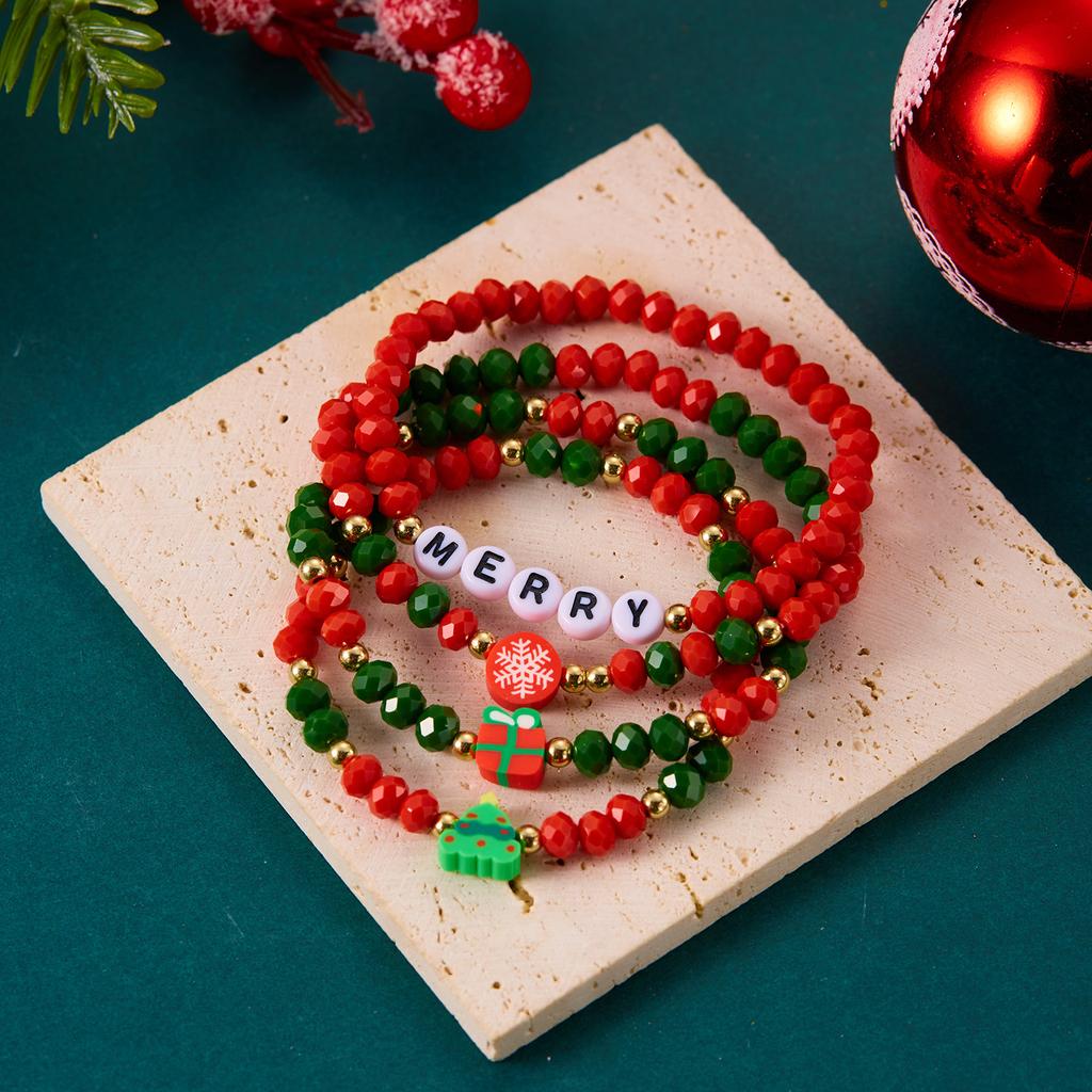 4Pcs/set Merry Christmas Tree Snowflake Bell Elk Colorful Crystal Beads Bracelet for Women Stacking Bracelets Party Jewelry Gift