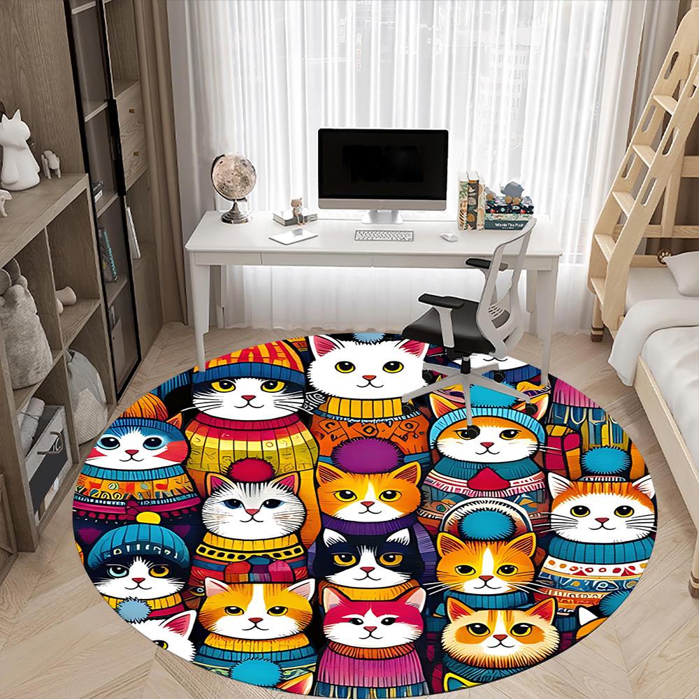1pc Cat Winter Office Round Area Rug, Mat Suitable For Office, Under Office Chairs Bedroom Living Room Home Decor, Room Deco