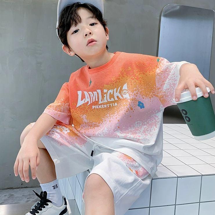 Summer Boys' Loose Casual Sets Teen Gradient T-shirts+Shorts 2Pcs Big Kids Sport Short Sleeve Clothes Suits Children Print Outfit