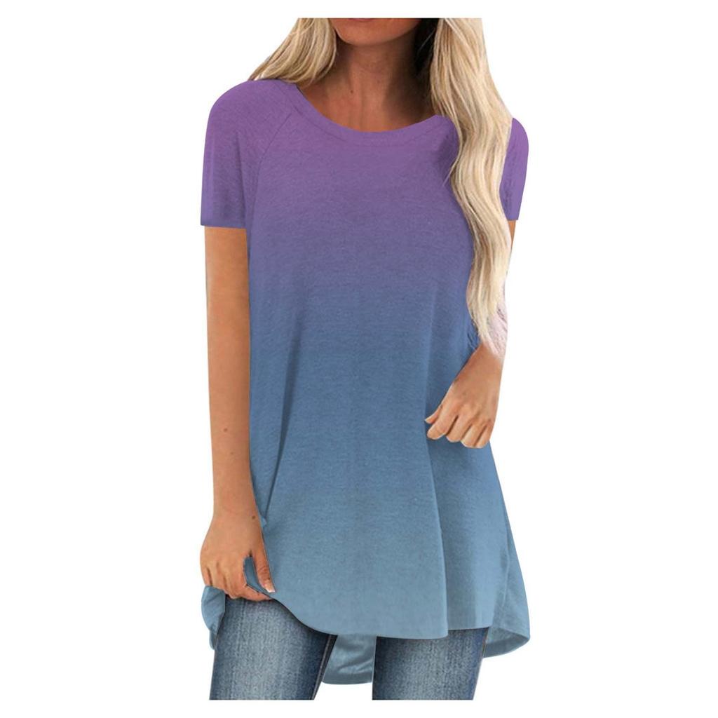 Gradient Color 3D Print Long T-Shirts Women Casual Streetwear Oversized O-Neck Short Sleeve T Shirt Y2K Tops Tees Woman Clothing