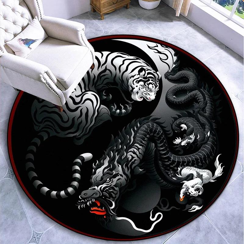 Luxury Sakura Goldfish Dragon Lion Cat Tree Design Carpet Mat Round Machine Washable Rug for Living Room Rugs for Bedroom