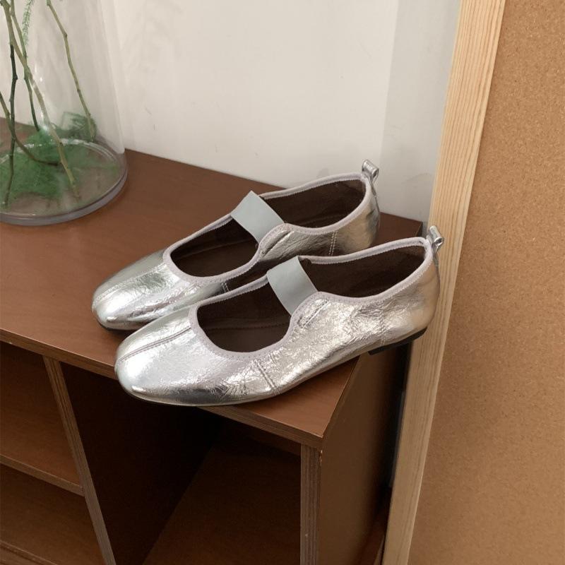 Suding's new one-word belt silver Mary Jane shoes women's soft flat ballet shoes light mouth retro casual shoes