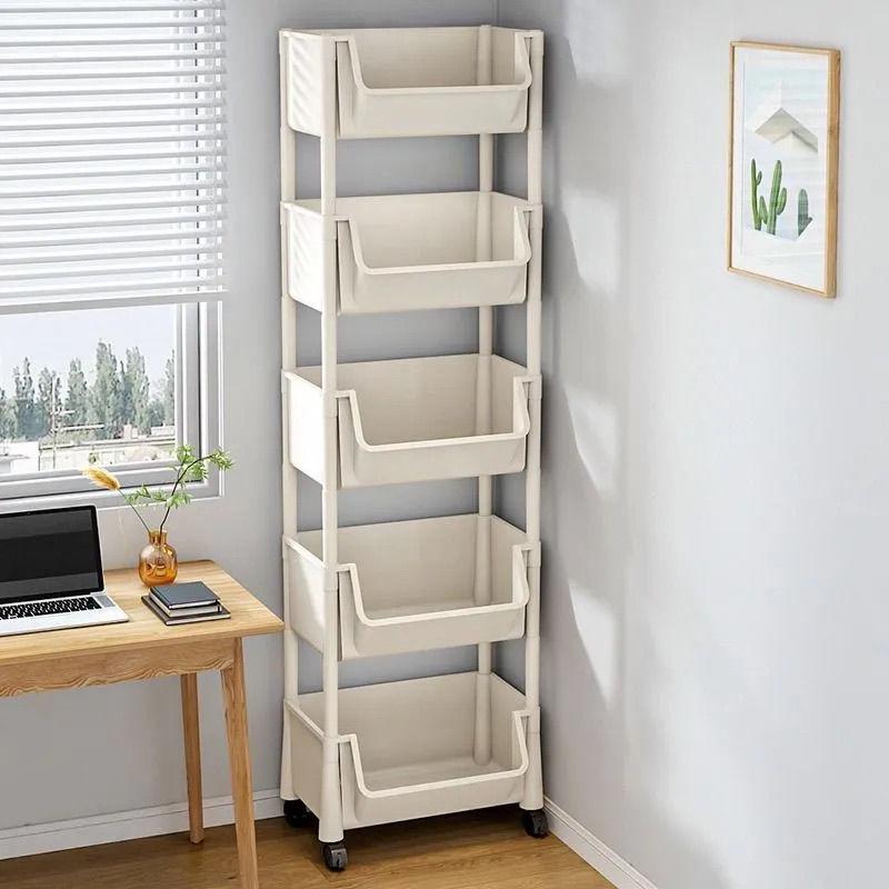 Tall and Slim Wheeled Children's Bookshelf with Stackable Storage Bins