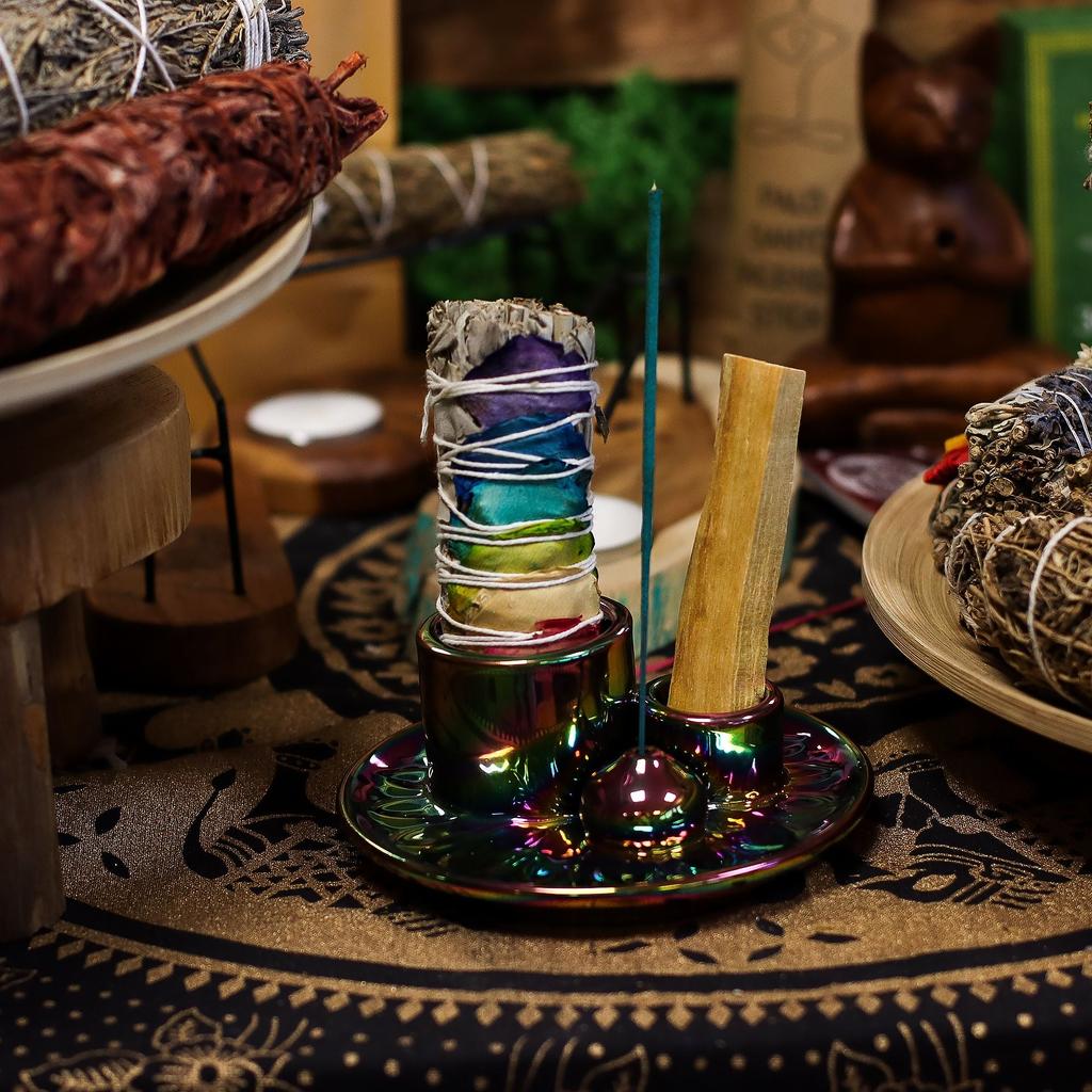 Palo Santo Smudge Incense Holder Iridescent Mandala Ceramic