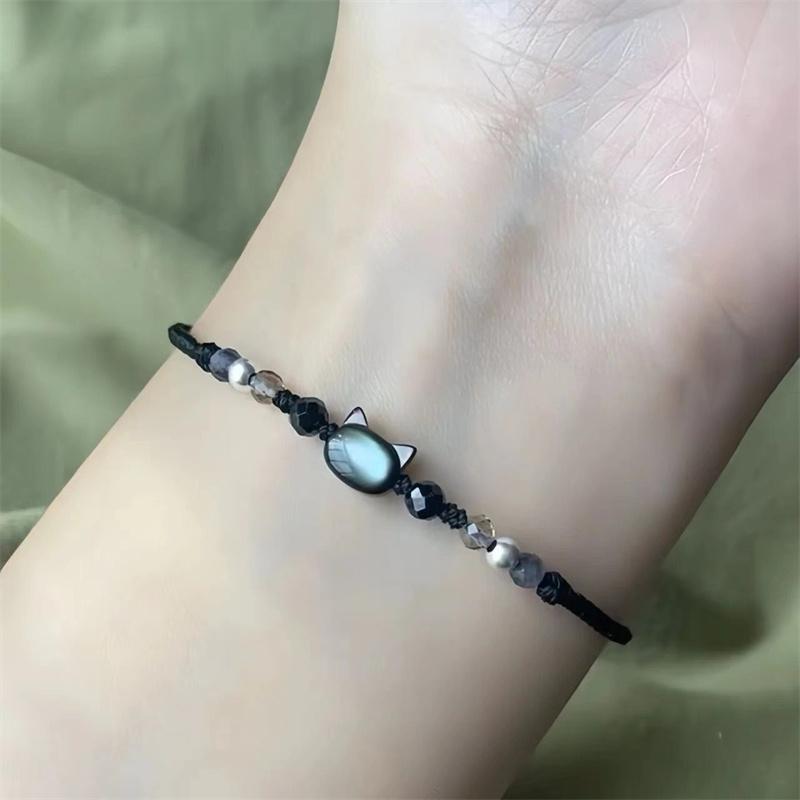 Cute Black White Cat Bracelet for Women Men Minimalist Moonstone Braided Cartoon Animal Couple Bracelet Aesthetics Party Jewelry