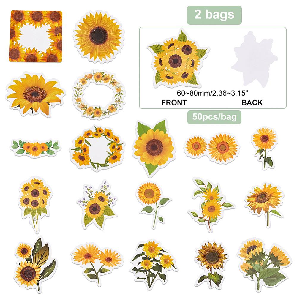1box Waterproof PVC Self-Adhesive Stickers for Suitcase Skateboard Refrigerator Helmet Mobile Phone Shell Sunflower Pattern 60~80mm 100pcs/box