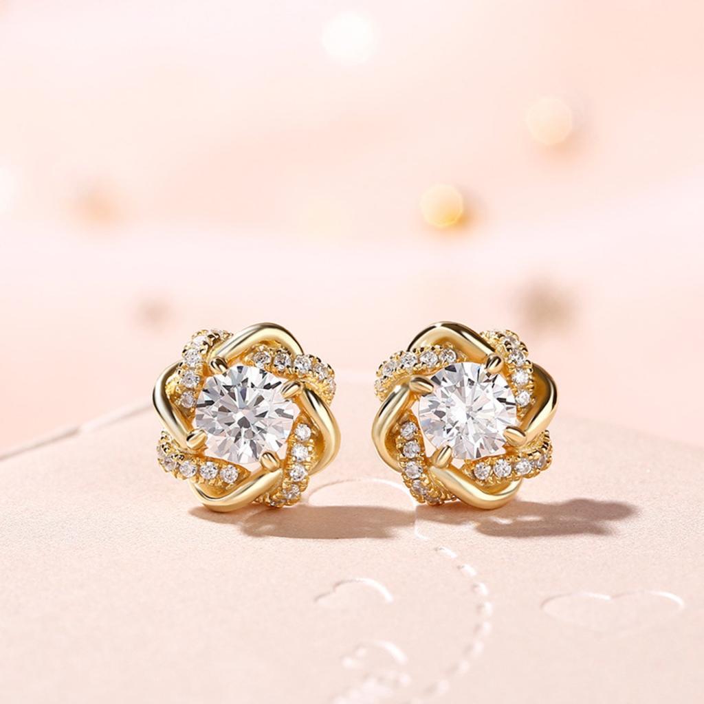 Four Leaf Clover Floral Halo Round Cubic Zirconia Stud Earrings Vintage French Elegant Women Ear Jewelry