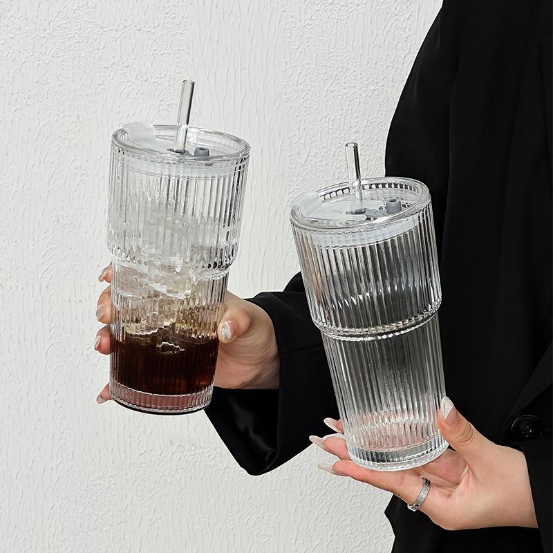 600ML Large Capacity Cup, High Aesthetic Coffee Cup With Lid and Water Cup, Simple Straw, Vertical Stripe Glass Cup