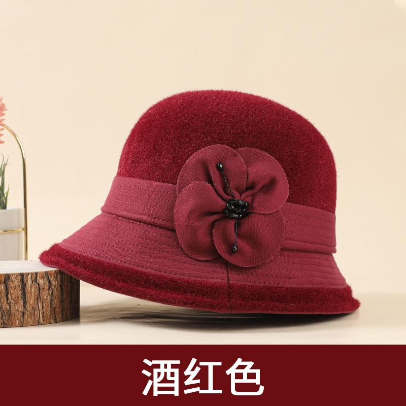 Middle-aged hat women's winter mink warm bucket hat mother autumn and winter versatile flower top hat British fashion pot hat
