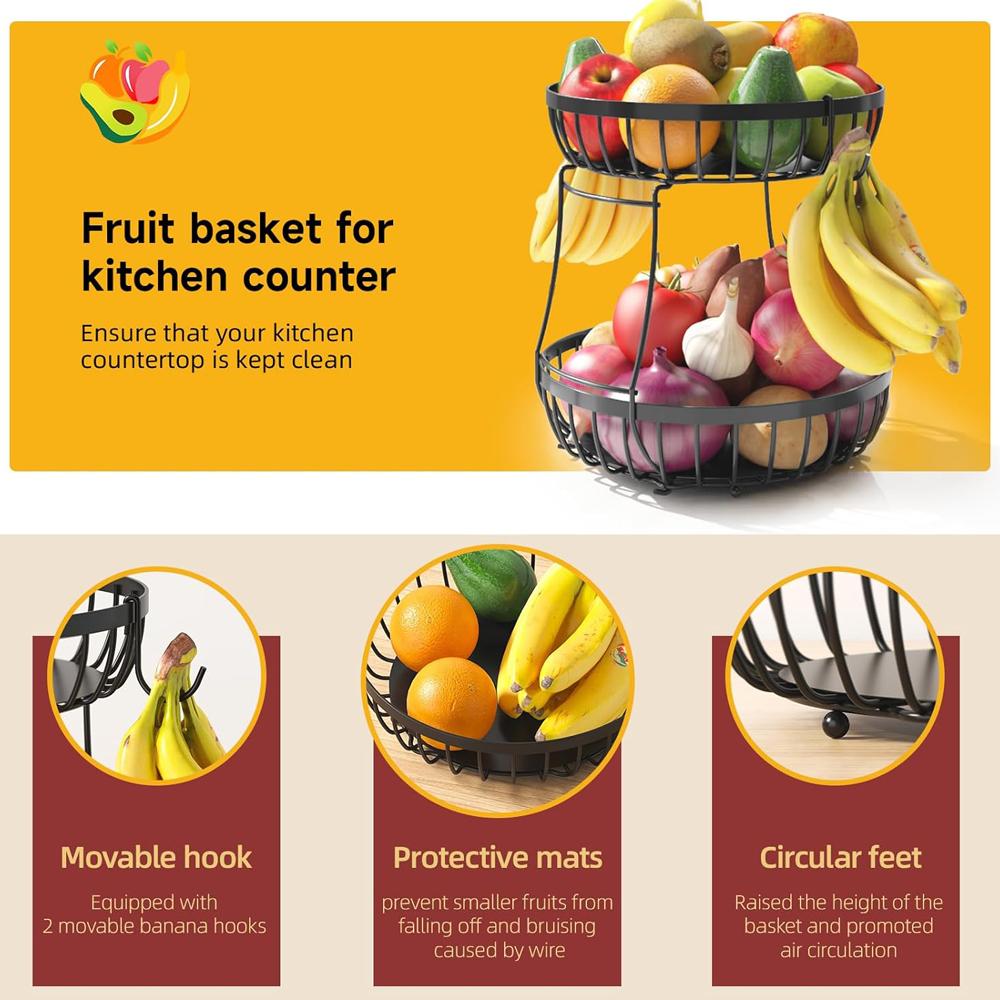 2 Tier Large Fruit Basket for Kitchen Counter with 2 Banana Hangers, Metal Stackable Fruit Bowl for Kitchen Counter for Bread