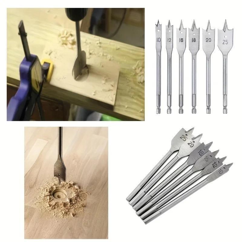 6pcs/1set Natural Color Three Pointed Flat Drill Hexagonal Handle Woodworking Hole Opener Wooden Board Drilling Bit Tool Set