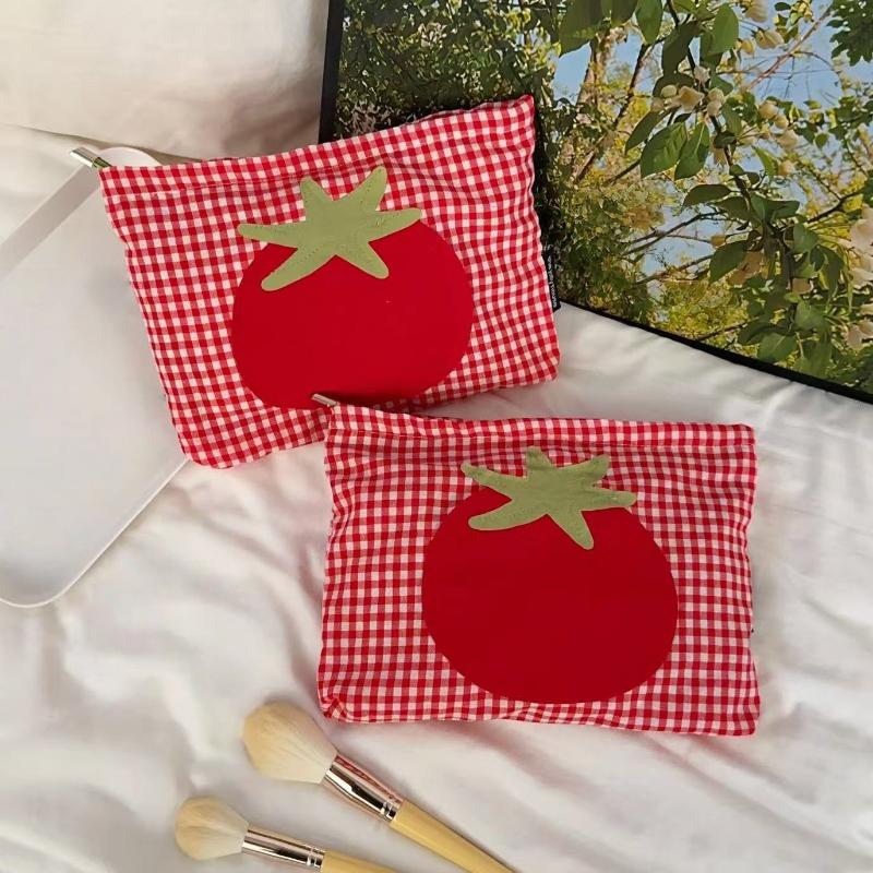 1Pcs Portable Handheld Toiletry Pouch Cute Large Capacity Red Grid Tomato Makeup Bag Minimalist Versatile Cosmetic Organizer
