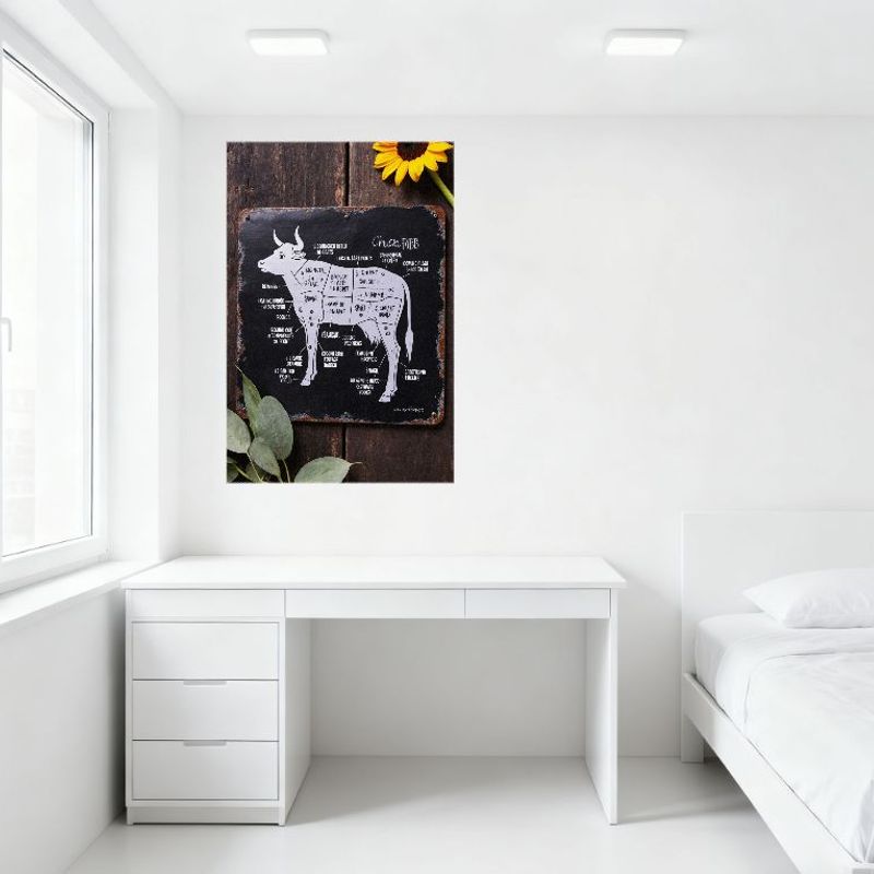 Rustic Distressed Cow Anatomy Meat Cuts Metal Tin Sign with Sunflower Eucalyptus for Bar Restaurant Man Cave Home Decor